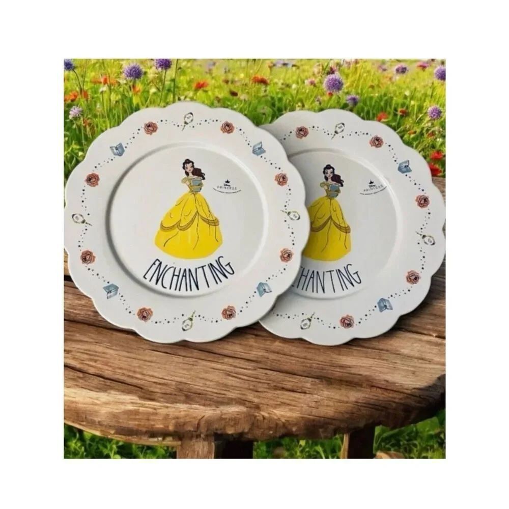 NWT Set Of 2 Rae Dunn Disney 11”Belle Enchanting Scalloped Ceramic Dinner Plates